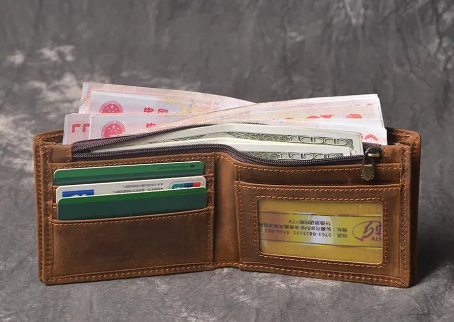 JMT-529354 Men's Cow Leather Zero Wallet - Multi-Card Short Wallet in Brown/Dark Brown, Genuine Leather with Retro Design
