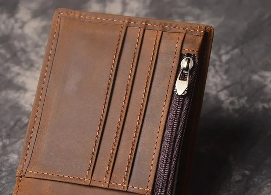 JMT-529354 Men's Cow Leather Zero Wallet - Multi-Card Short Wallet in Brown/Dark Brown, Genuine Leather with Retro Design