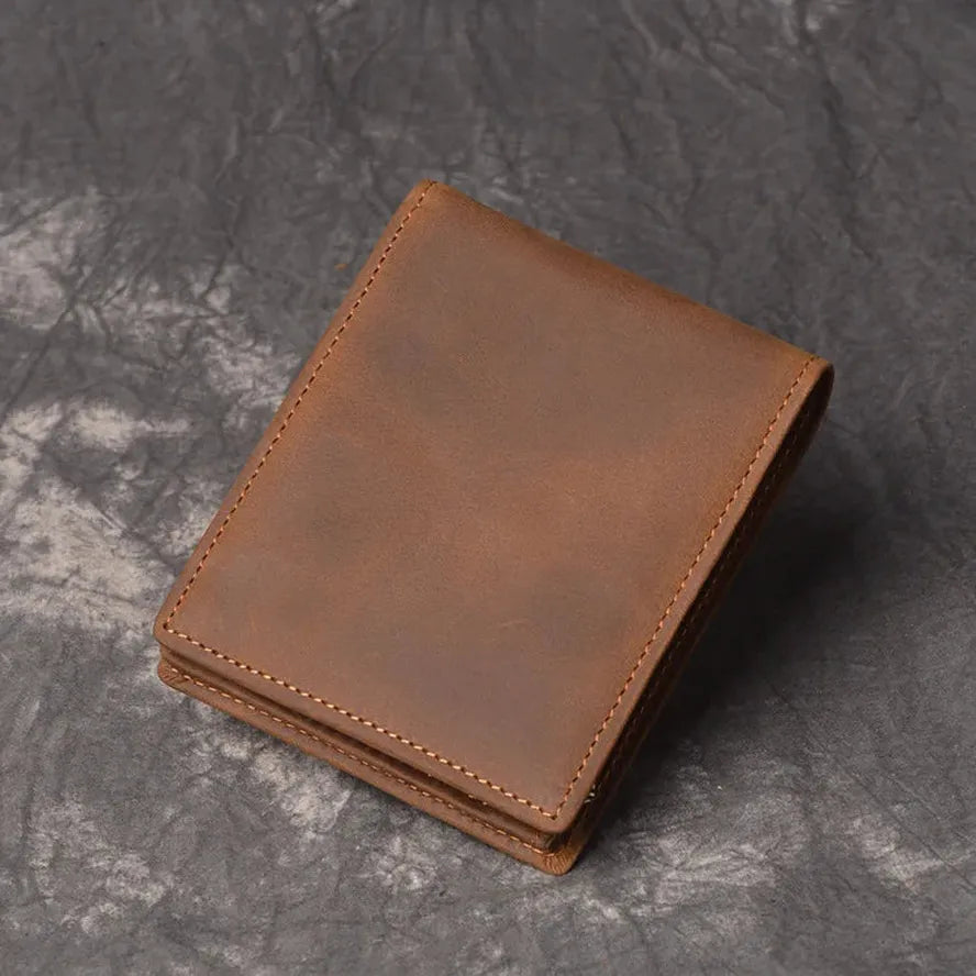 JMT-529354 Men's Cow Leather Zero Wallet - Multi-Card Short Wallet in Brown/Dark Brown, Genuine Leather with Retro Design