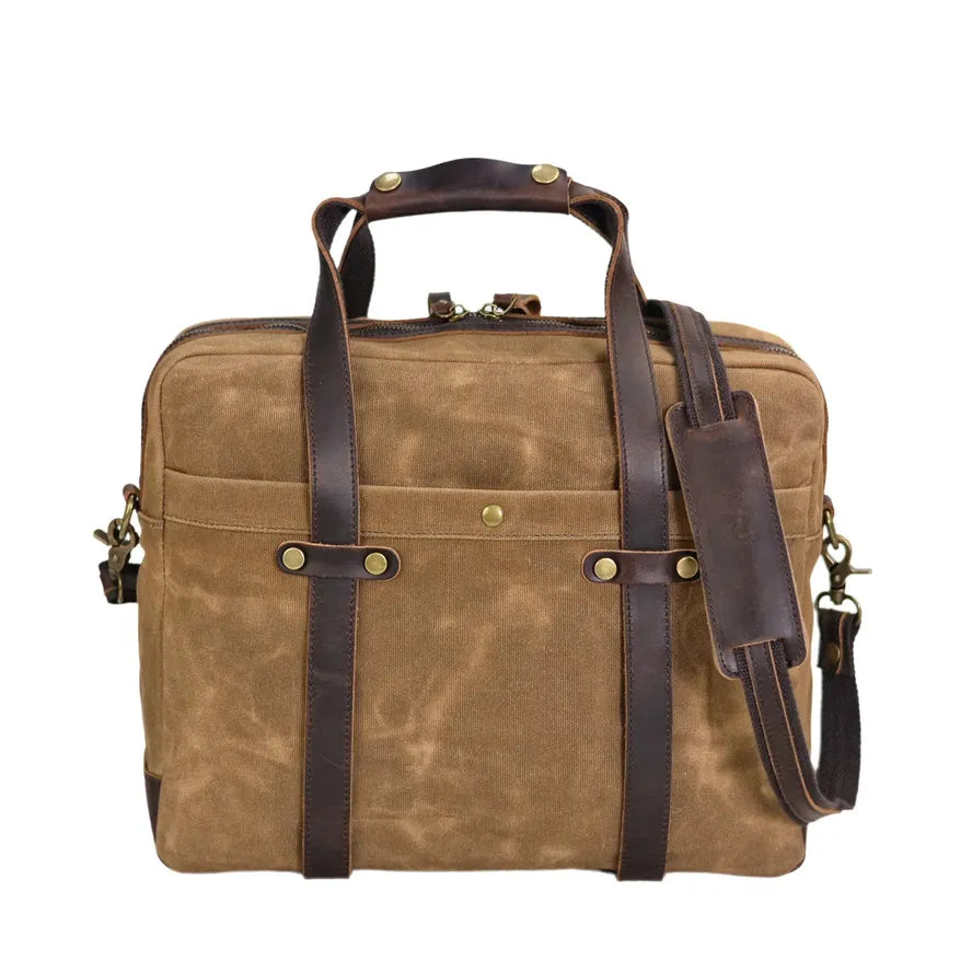 JMT-529738 Waterproof Waxed Canvas Laptop Bag with Cowhide Leather Accents - 15.6 Inch Retro Design