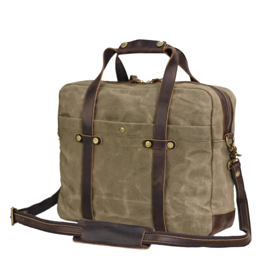 JMT-529738 Waterproof Waxed Canvas Laptop Bag with Cowhide Leather Accents - 15.6 Inch Retro Design