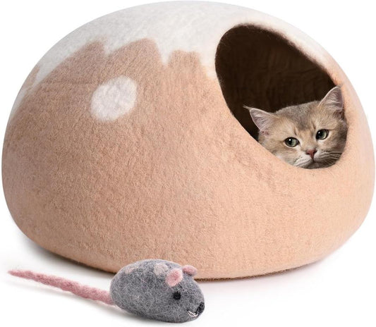 JMT-530442 Handcrafted Wool Cat Cave Bed - Cozy Felt Hideaway for Indoor Cats & Kittens, Grey, Medium Size