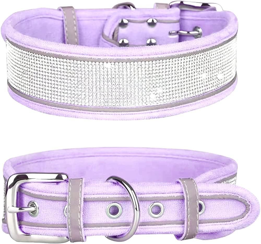 JMT-530634 Suede Reflective Dog Collar with Soft Comfort Hand-Holding Rope in Multiple Rhinestone Styles