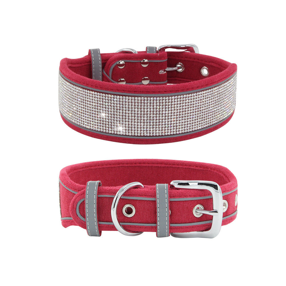 JMT-530634 Suede Reflective Dog Collar with Soft Comfort Hand-Holding Rope in Multiple Rhinestone Styles