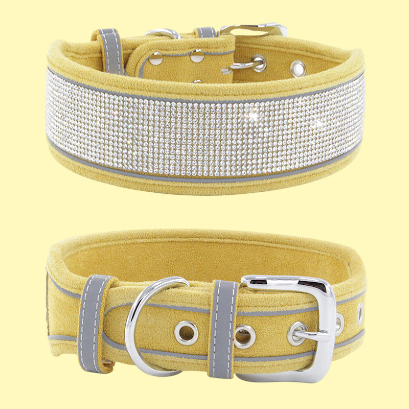 JMT-530634 Suede Reflective Dog Collar with Soft Comfort Hand-Holding Rope in Multiple Rhinestone Styles