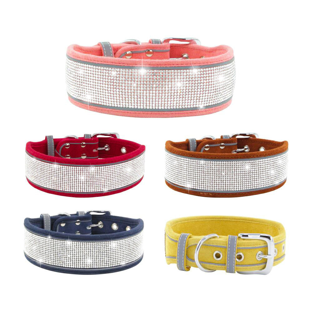 JMT-530634 Suede Reflective Dog Collar with Soft Comfort Hand-Holding Rope in Multiple Rhinestone Styles