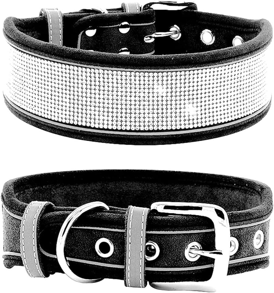 JMT-530634 Suede Reflective Dog Collar with Soft Comfort Hand-Holding Rope in Multiple Rhinestone Styles