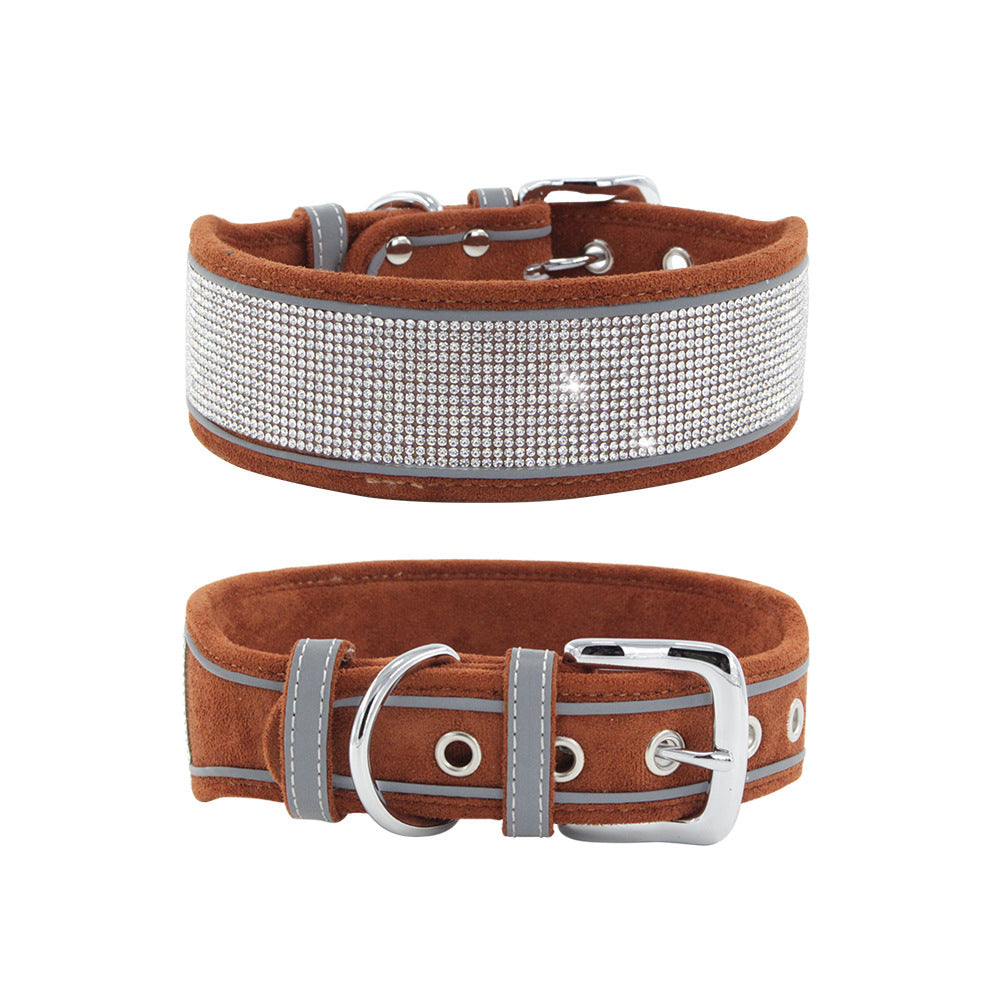JMT-530634 Suede Reflective Dog Collar with Soft Comfort Hand-Holding Rope in Multiple Rhinestone Styles