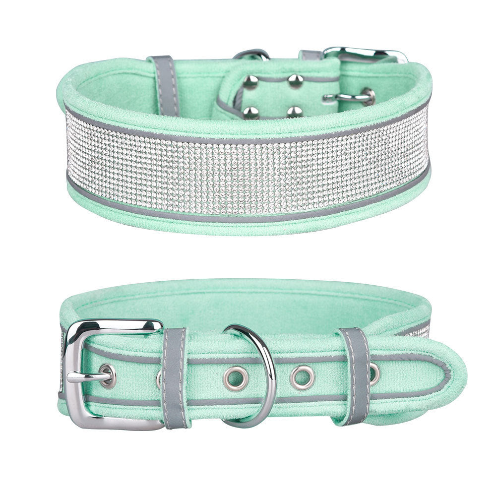 JMT-530634 Suede Reflective Dog Collar with Soft Comfort Hand-Holding Rope in Multiple Rhinestone Styles