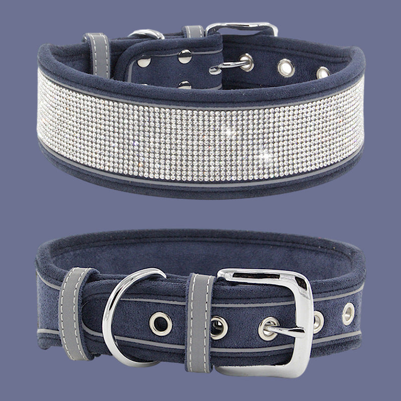 JMT-530634 Suede Reflective Dog Collar with Soft Comfort Hand-Holding Rope in Multiple Rhinestone Styles