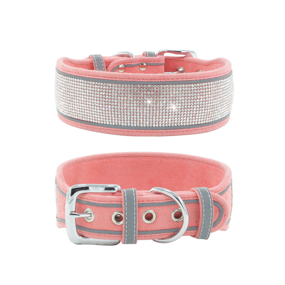 JMT-530634 Suede Reflective Dog Collar with Soft Comfort Hand-Holding Rope in Multiple Rhinestone Styles