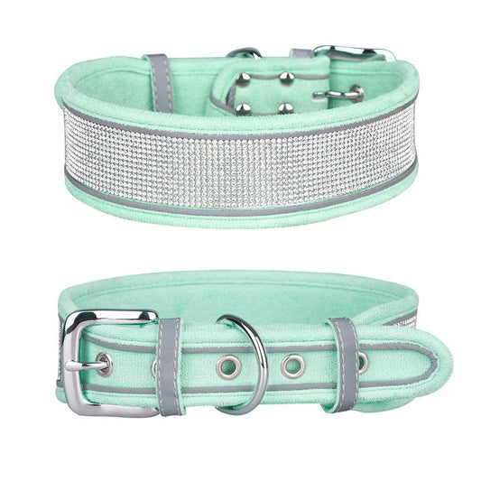 JMT-530634 Suede Reflective Dog Collar with Soft Comfort Hand-Holding Rope in Multiple Rhinestone Styles