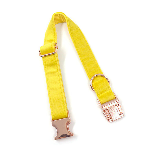 JMT-531786 Rose Gold Buckle Yellow Velvet Dog Collar with Engravable Bow Tie - Available in Multiple Sizes