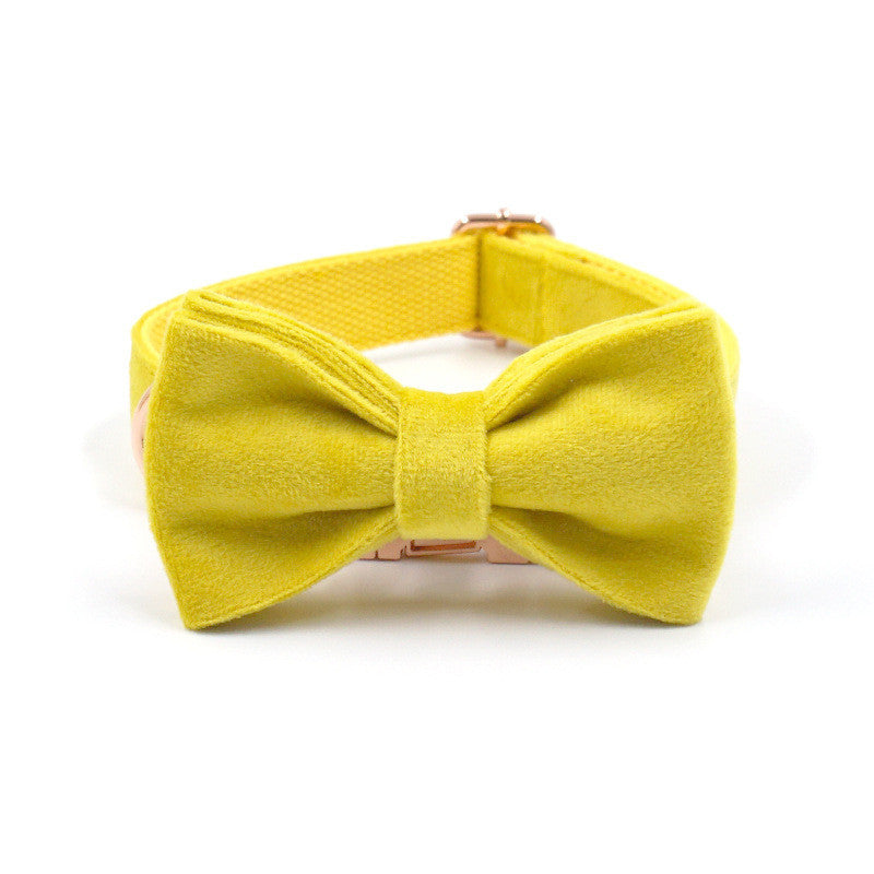 JMT-531786 Rose Gold Buckle Yellow Velvet Dog Collar with Engravable Bow Tie - Available in Multiple Sizes