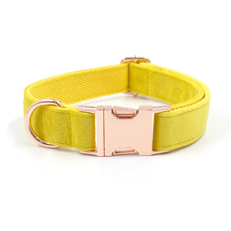 JMT-531786 Rose Gold Buckle Yellow Velvet Dog Collar with Engravable Bow Tie - Available in Multiple Sizes