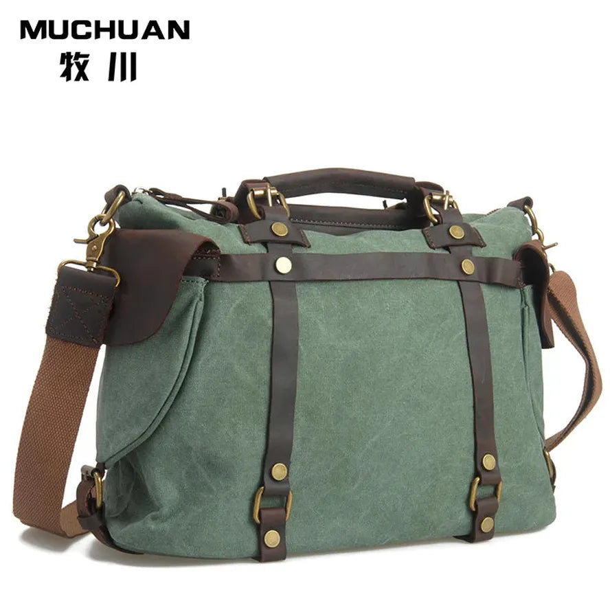 JMT-532682 High Capacity Canvas Crossbody Bag with Cowhide Trim for Leisure and Laptop Use