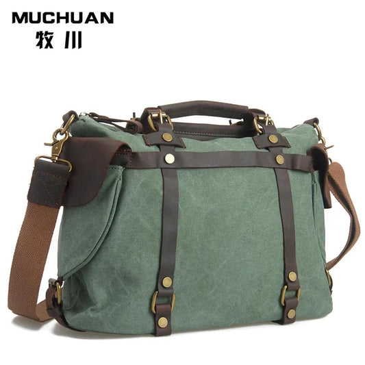 JMT-532682 High Capacity Canvas Crossbody Bag with Cowhide Trim for Leisure and Laptop Use