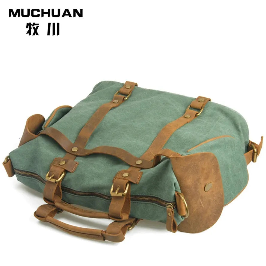 JMT-532682 High Capacity Canvas Crossbody Bag with Cowhide Trim for Leisure and Laptop Use