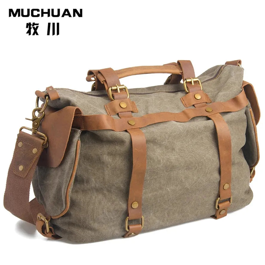 JMT-532682 High Capacity Canvas Crossbody Bag with Cowhide Trim for Leisure and Laptop Use