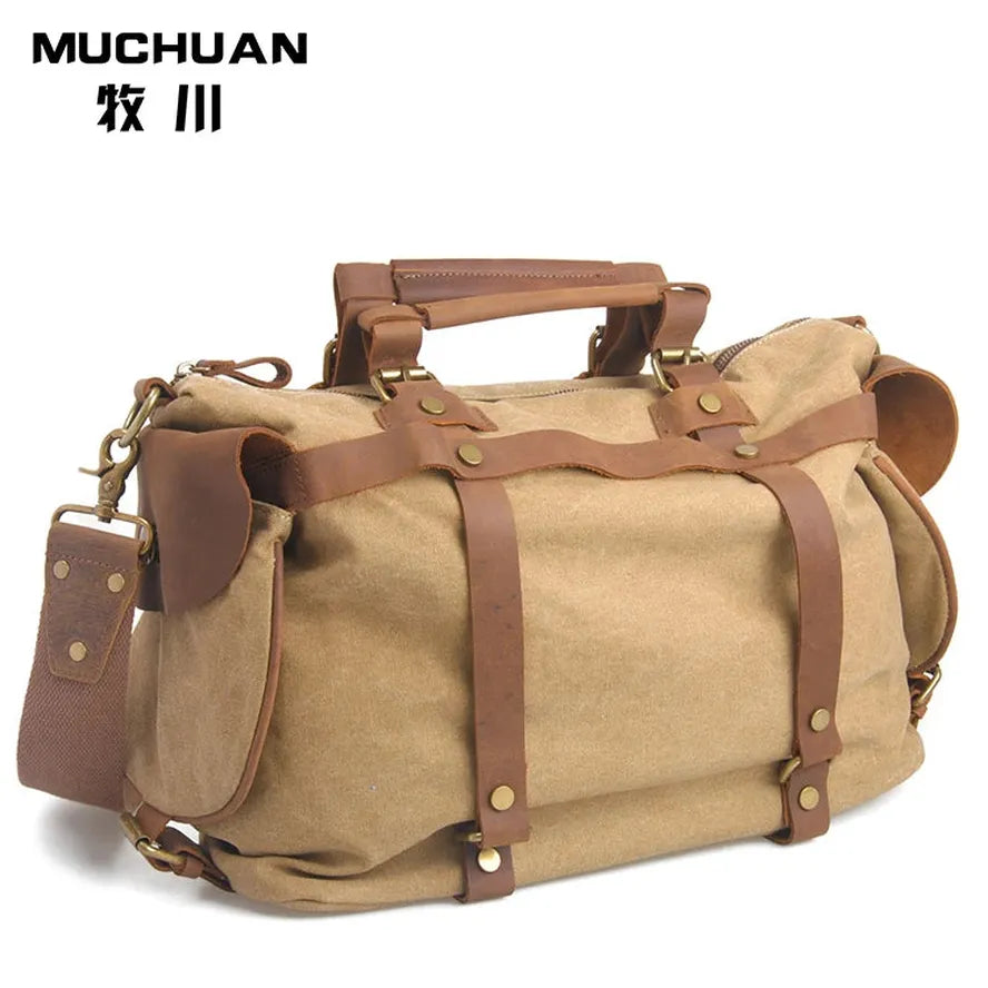 JMT-532682 High Capacity Canvas Crossbody Bag with Cowhide Trim for Leisure and Laptop Use