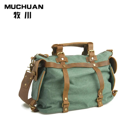 JMT-532682 High Capacity Canvas Crossbody Bag with Cowhide Trim for Leisure and Laptop Use