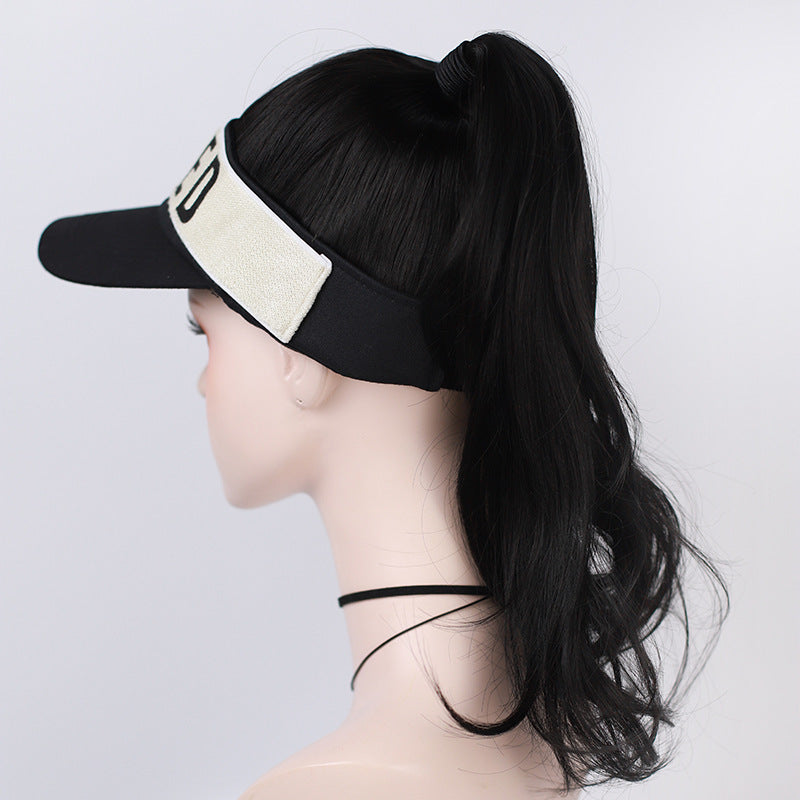 JMT-533962 Long Black Wig with Baseball Hat - Matte High Temperature Silk, Detachable Frame, 35CM Horsetail Length