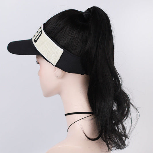 JMT-533962 Long Black Wig with Baseball Hat - Matte High Temperature Silk, Detachable Frame, 35CM Horsetail Length