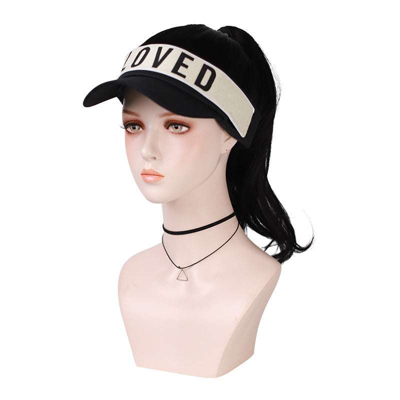 JMT-533962 Long Black Wig with Baseball Hat - Matte High Temperature Silk, Detachable Frame, 35CM Horsetail Length