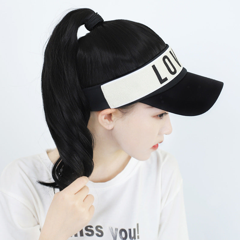 JMT-533962 Long Black Wig with Baseball Hat - Matte High Temperature Silk, Detachable Frame, 35CM Horsetail Length