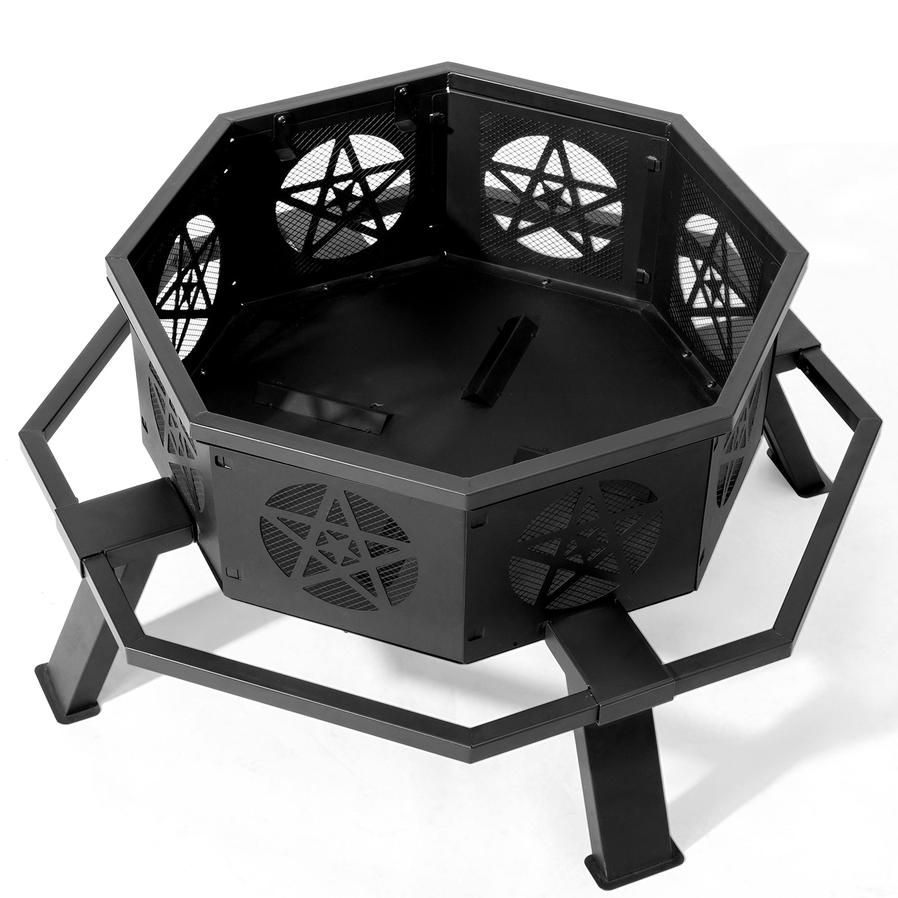 JMT-534474 35in Octagonal Foot Pedal Brazier with Pentagram Design in Wrought Iron Finish