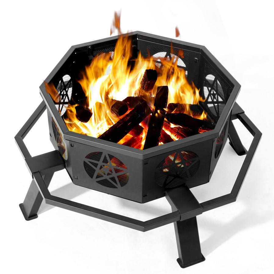 JMT-534474 35in Octagonal Foot Pedal Brazier with Pentagram Design in Wrought Iron Finish