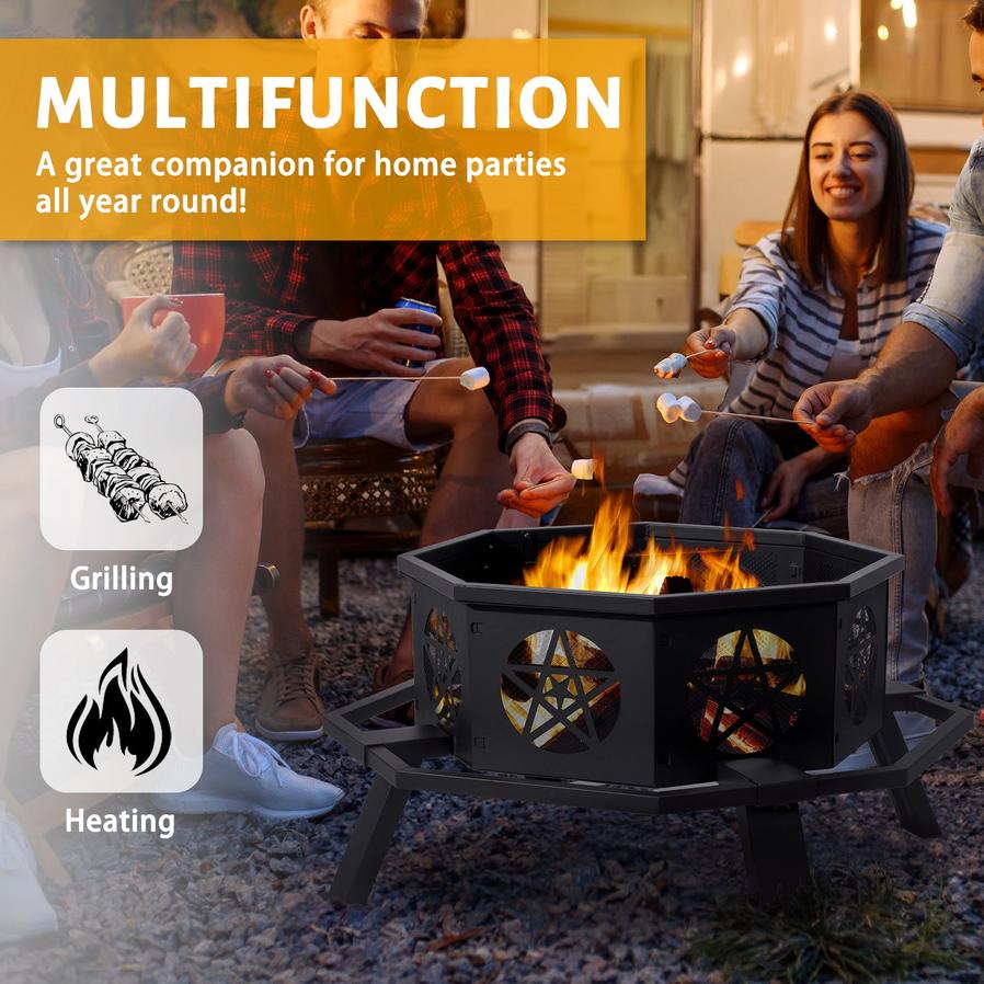 JMT-534474 35in Octagonal Foot Pedal Brazier with Pentagram Design in Wrought Iron Finish