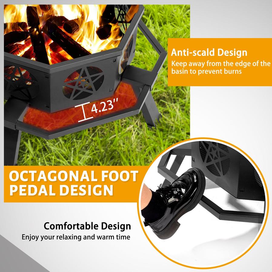 JMT-534474 35in Octagonal Foot Pedal Brazier with Pentagram Design in Wrought Iron Finish
