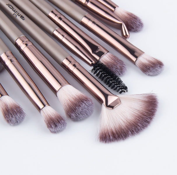 JMT-534858 12-Piece Portable Makeup Brush Set for Beginners – Eye Shadow, Nose Shadow, Highlighter, and Eyebrow Brushes in Khaki and Black