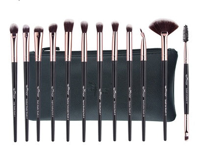 JMT-534858 12-Piece Portable Makeup Brush Set for Beginners – Eye Shadow, Nose Shadow, Highlighter, and Eyebrow Brushes in Khaki and Black