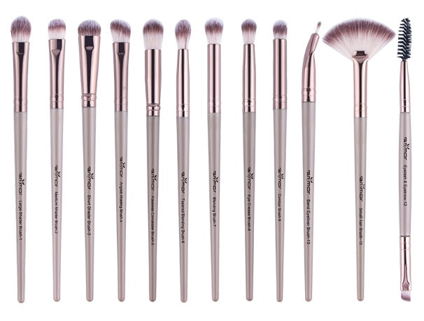JMT-534858 12-Piece Portable Makeup Brush Set for Beginners – Eye Shadow, Nose Shadow, Highlighter, and Eyebrow Brushes in Khaki and Black