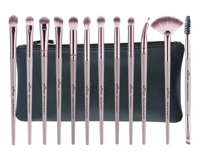 JMT-534858 12-Piece Portable Makeup Brush Set for Beginners – Eye Shadow, Nose Shadow, Highlighter, and Eyebrow Brushes in Khaki and Black