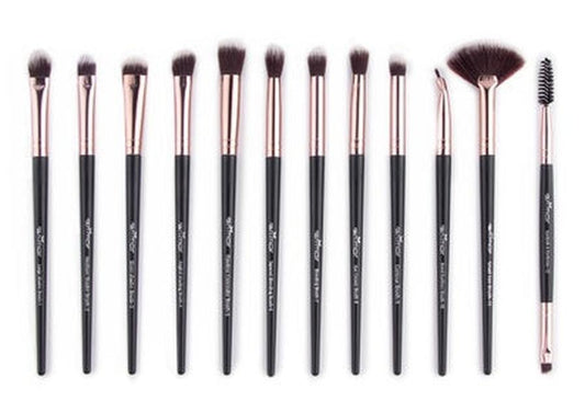 JMT-534858 12-Piece Portable Makeup Brush Set for Beginners – Eye Shadow, Nose Shadow, Highlighter, and Eyebrow Brushes in Khaki and Black