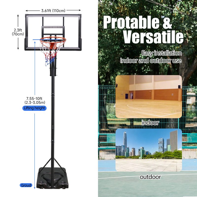 JMT-535818 Adjustable Portable Basketball Hoop with PC Backplate, Large Base and Wheels (7.55-10.00 Ft)
