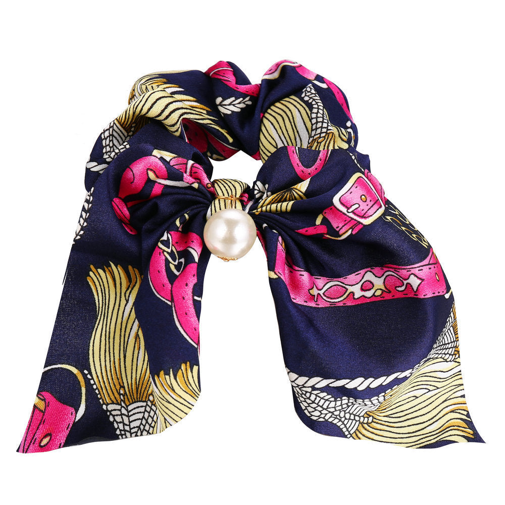 JMT-537418 Large Intestine Circle Hair Tie with Pearl Pendant – Retro European and American Style Bowknot Accessory