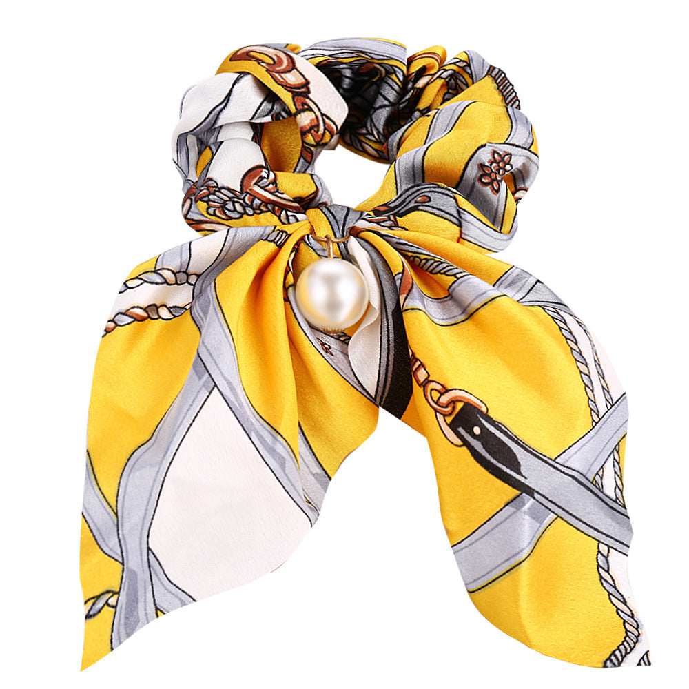 JMT-537418 Large Intestine Circle Hair Tie with Pearl Pendant – Retro European and American Style Bowknot Accessory