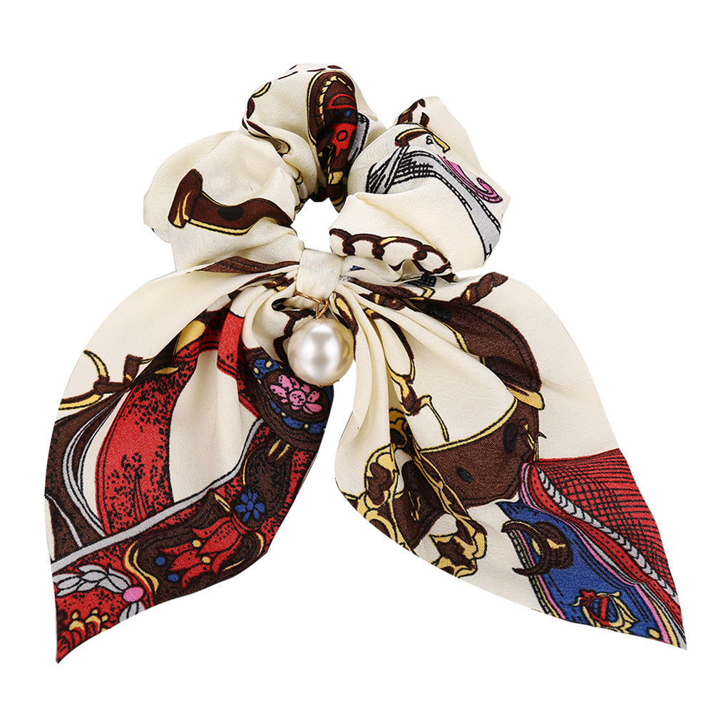 JMT-537418 Large Intestine Circle Hair Tie with Pearl Pendant – Retro European and American Style Bowknot Accessory