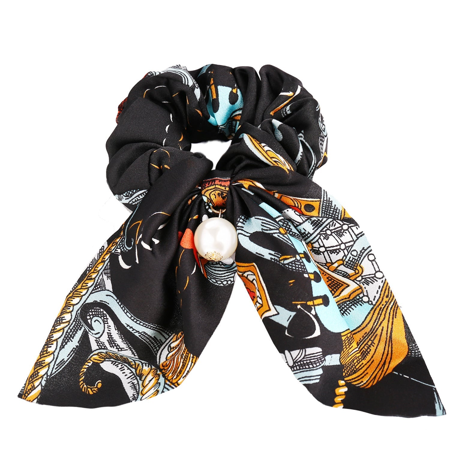 JMT-537418 Large Intestine Circle Hair Tie with Pearl Pendant – Retro European and American Style Bowknot Accessory