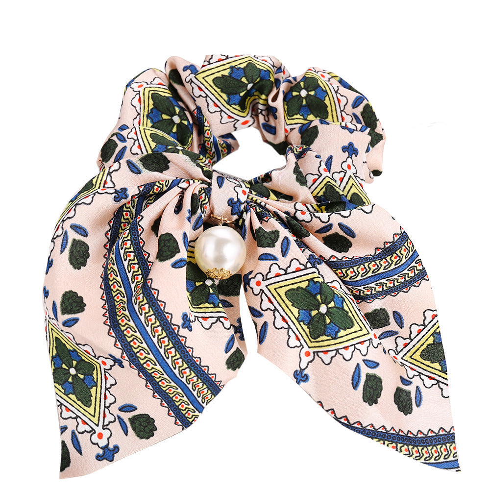 JMT-537418 Large Intestine Circle Hair Tie with Pearl Pendant – Retro European and American Style Bowknot Accessory