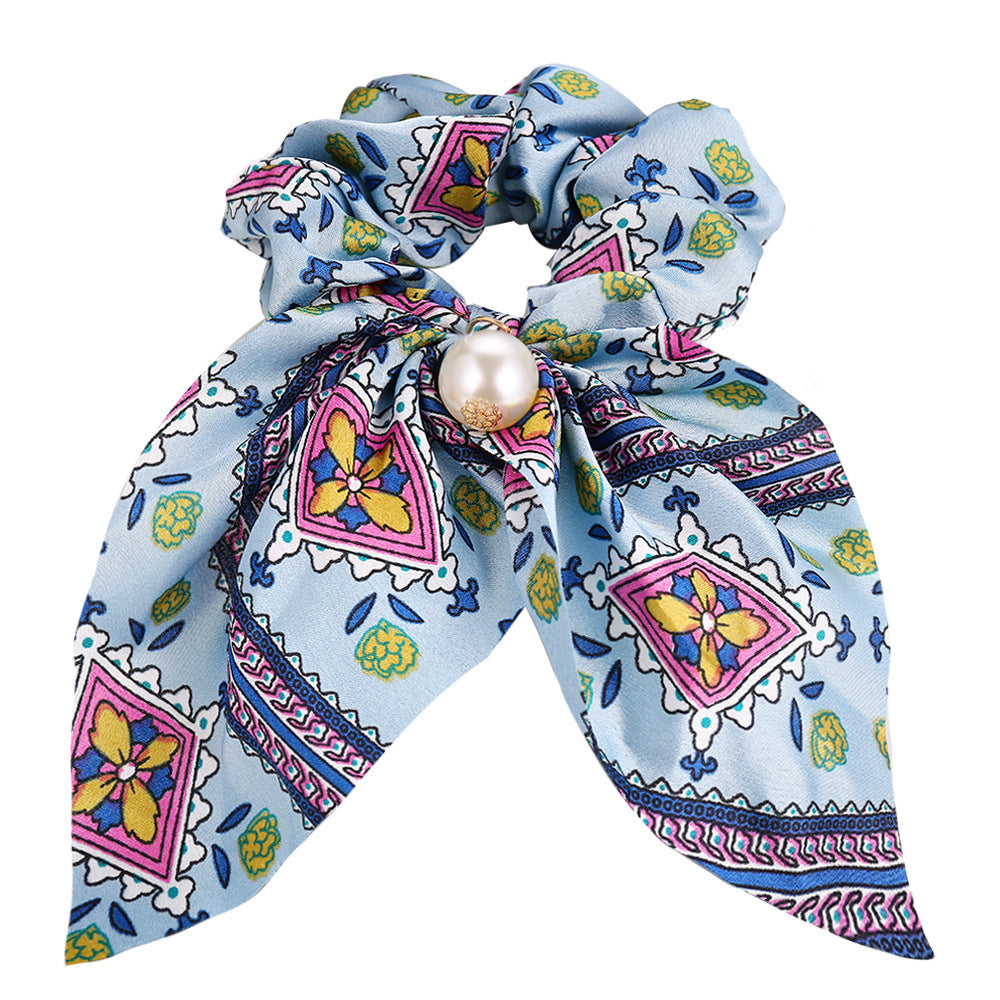 JMT-537418 Large Intestine Circle Hair Tie with Pearl Pendant – Retro European and American Style Bowknot Accessory