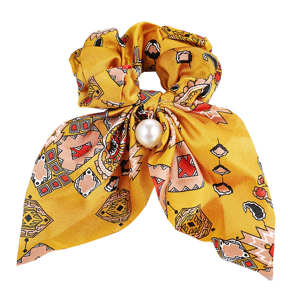 JMT-537418 Large Intestine Circle Hair Tie with Pearl Pendant – Retro European and American Style Bowknot Accessory