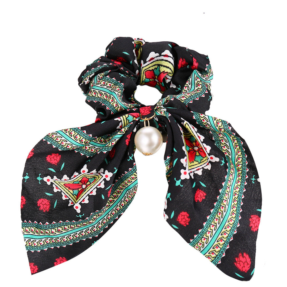 JMT-537418 Large Intestine Circle Hair Tie with Pearl Pendant – Retro European and American Style Bowknot Accessory