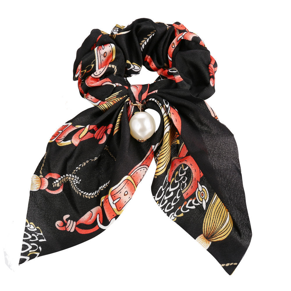 JMT-537418 Large Intestine Circle Hair Tie with Pearl Pendant – Retro European and American Style Bowknot Accessory