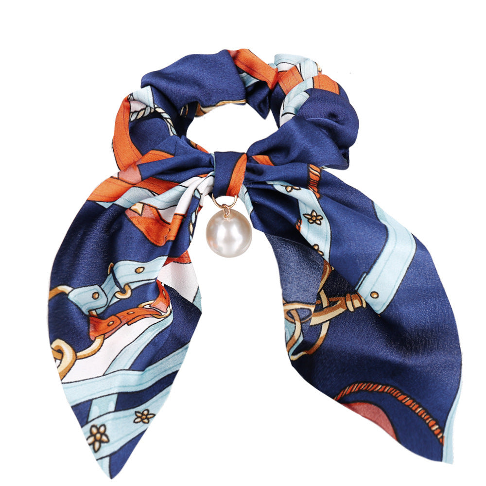 JMT-537418 Large Intestine Circle Hair Tie with Pearl Pendant – Retro European and American Style Bowknot Accessory