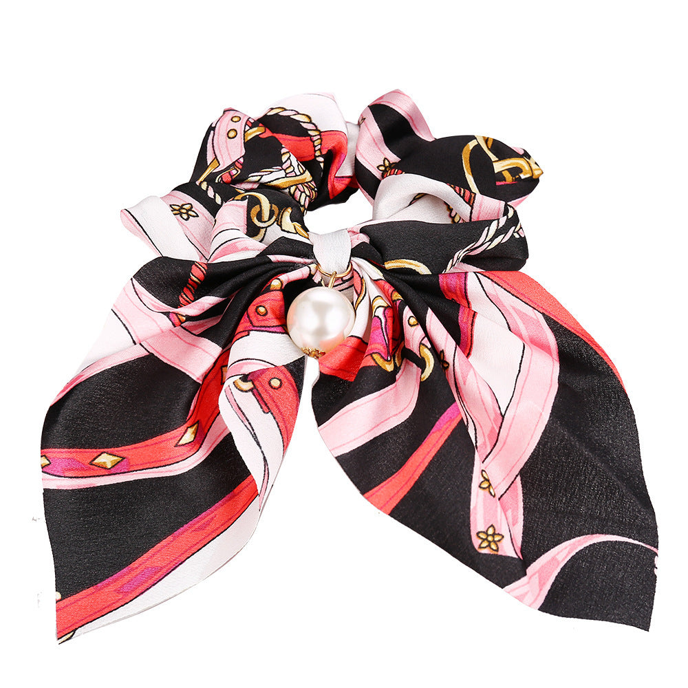 JMT-537418 Large Intestine Circle Hair Tie with Pearl Pendant – Retro European and American Style Bowknot Accessory